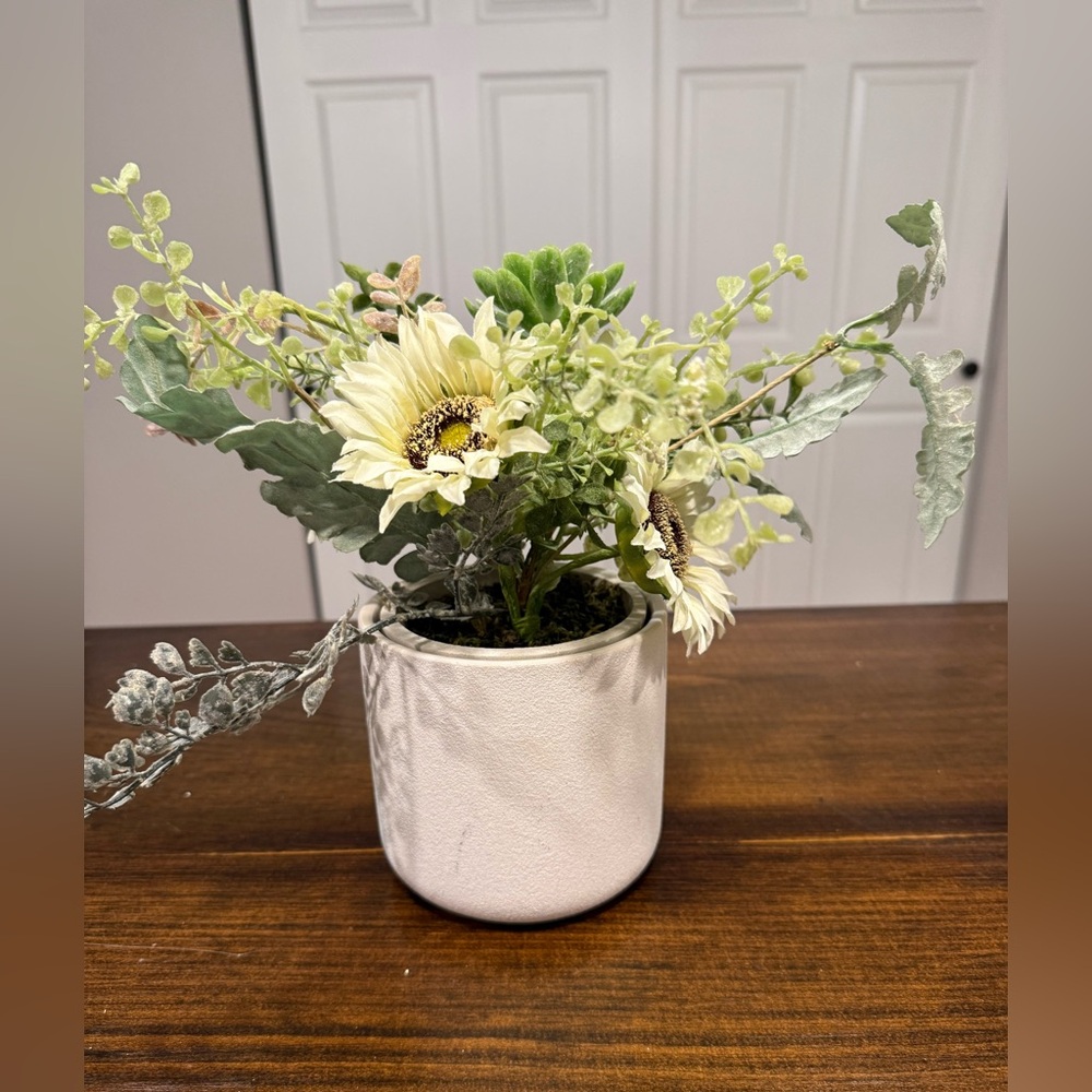 Faux Sunflower Succulent Arrangement in Ceramic Pot Neutral Decor